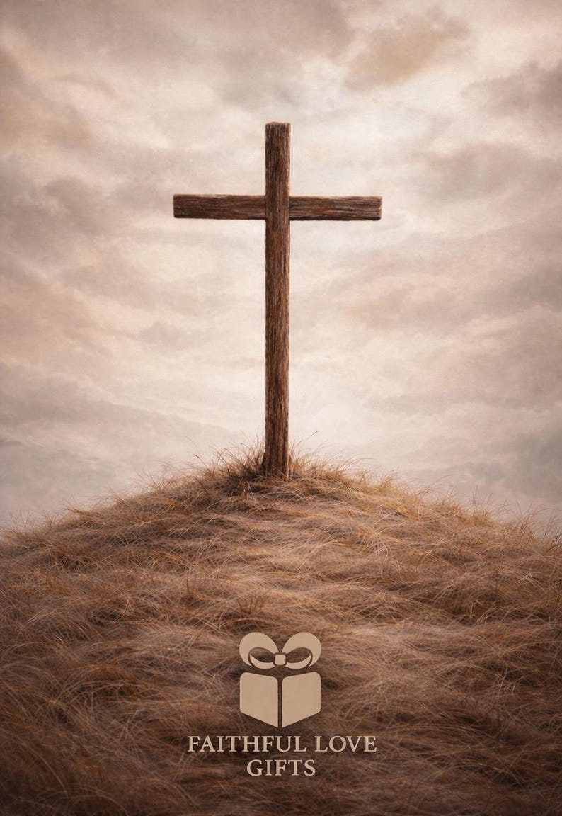 K&ouml;nnte beinhalten: Ein verwittertes braunes Holzkreuz steht auf einem grasbewachsenen H&uuml;gel unter einem bew&ouml;lkten Himmel. Unten befindet sich ein hellbraunes Symbol eines Geschenkkartons mit Schleife &uuml;ber dem Text FAITHFUL LOVE GIFTS in einer serifenlosen Schrift.