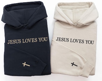 Jesus Loves You Hoodie • Cross On The Sleeve • Personalized Embroidered Hoodie • Birthday Gift • Couples Gift • Gift For Him • Gift For Her