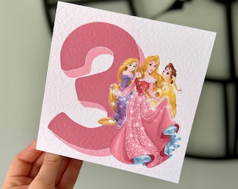 Carte d'anniversaire princesse Disney, personnalisée, carte d'anniversaire Belle, carte d'anniversaire Tangled, carte d'anniversaire de la Belle au bois dormant, carte Aurora, cadeau