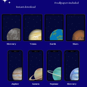 May include: Eight phone wallpapers featuring different planets in the solar system. The planets are depicted against a dark blue background with white stars. The planets include Mercury, Venus, Earth, Mars, Jupiter, Saturn, Neptune, and Mercury.