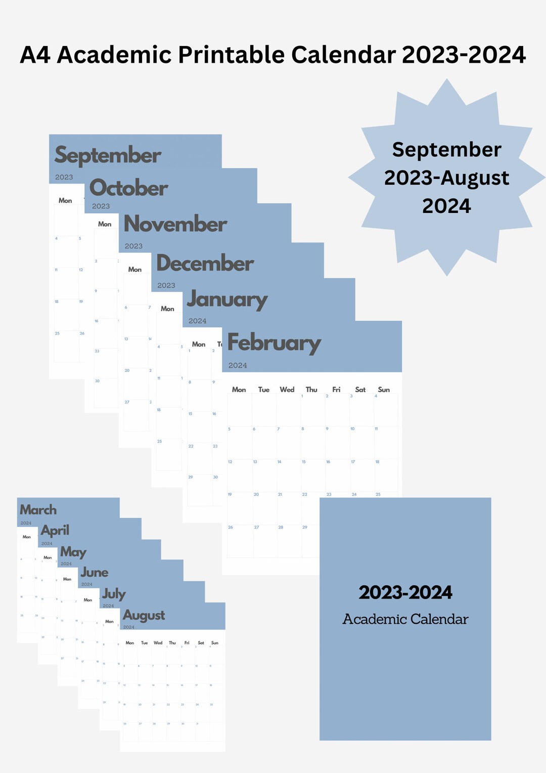 Academic Printable Calendar Sep 2023 - Aug 2024 A4 Simple Wall Blue ...