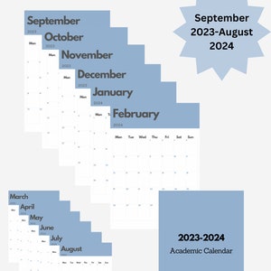 Akademischer druckbarer Kalender Sep 2023 - Aug 2024 A4 Simple Wall Blue Kalender