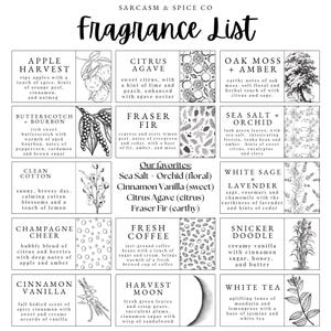The image is a collection of various scents and ingredients, including apple harvest, citrus, oak moss, butterscotch, fern, sea salt, white cotton, white sage, champagne cheer, fresh coffee, snicker dooble, cinnamon vanilla, cinnamon moon, and white tea.