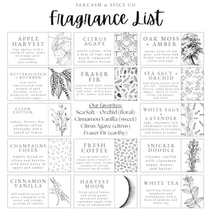 The image is a collection of various scents and ingredients, including apple harvest, citrus, oak moss, butterscotch, fern, sea salt, white cotton, white sage, champagne cheer, fresh coffee, snicker dooble, cinnamon vanilla, cinnamon moon, and white tea.