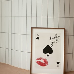 Trendy Red Lip Lucky Girl Digital Print Poster / Positive Affirmation / Retro Playing Card Poster / Aesthetic Wall Art / Ace Card