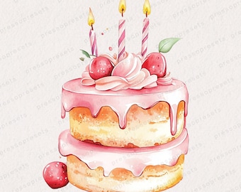 British Cake Watercolor Clipart, Birthday Cake, Pink Cake, Digital Stickers, Girl Baby Shower Clipart, Feminine, Pink Boho Art, PNG bundle