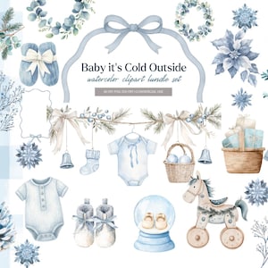 以下が含まれることがあります： 冬のベビーをテーマにした水彩画クリップアートバンドルセット。ベビー服、スノードーム、ロッキングホース、青と白の色合いの冬の葉など、さまざまな要素が画像に表示されます。「Baby it's Cold Outside」というテキストも表示されます。