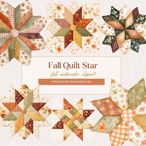 Op de afbeelding: Een collectie van zes aquarel quiltster-illustraties met herfstthema-patronen. De ontwerpen bevatten diverse bloemen-, ruit- en ginghamstoffen in tinten oranje, bruin, groen en crème. De tekst luidt Fall Quilt Star.