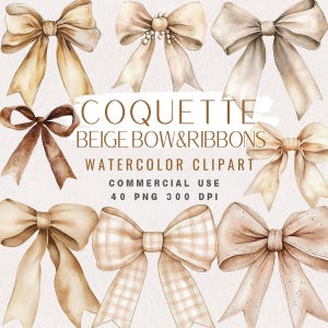 Clipart style aquarelle coquette noeud, noeuds SVG beige, rubans bohèmes, PNG, autocollants numériques, art baby shower fille, art bohème, bundle PNG