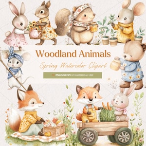 Woodland Animals Watercolor Clipart  | Spring Whimsical Garden, Easter, Cottagecore, Woodland Watercolor, Digital Stickers, Baby Shower Art
