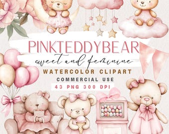 Pink Teddy Bear Watercolor Clipart, Soft and Feminine Style, Pink Bear, Digital Stickers, Girl Baby Shower Art, Pink Boho Art, PNG bundle