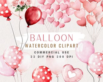Watercolor Balloon Clipart, Valentine&#39;s Balloon Clipart, Polka dot, Digital Stickers, Planner Sticker, PNG bundle, Invitation Art, DIY