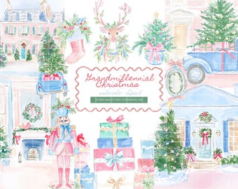 May include: Watercolor clipart featuring a Christmas theme with houses, a deer, a nutcracker, and a vintage car carrying gifts. The image includes the text "Grandmillennial Christmas" in a decorative frame, with a soft pastel color palette.