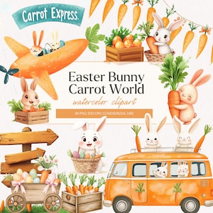 May include: A set of 49 watercolour clipart images featuring Easter bunnies, carrots, and a carrot-themed van. The images are perfect for creating Easter-themed crafts, cards, and decorations. The text "Carrot Express" and "Easter Bunny Carrot World" is included in the image.