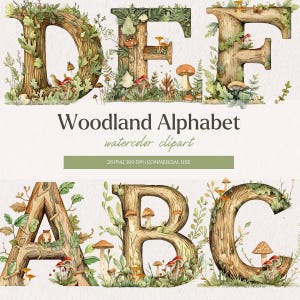 Woodland Alphabet Letter Clipart | Arte para chá de bebê | Alfabeto de animais | Alfabeto aquarela | Letra da floresta | Arte para berçário | Letra do monograma