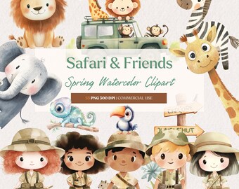 Safari Watercolor Clipart | Jungle Clipart, Zoo, Monkey, Zebra, Chibi Rangers, Camping, Digital Sticker, Safari Nursery, Baby Shower Art