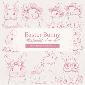 Osterhase Clipart | Pinkes Kaninchen Minimalistische Linie Kunst |Tiervektor| Tattoo & Sublimationsdesign | Babyparty | PNG digitaler Download