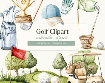 Watercolor Golf Clipart,Golf Elements,Golf Club,Golf Clipart, Golf Ball, Golf Cart, Golf Trophy,Watercolor Stickers,Baby Shower Art
