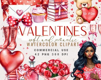 May include: A set of watercolor Valentine's Day clipart featuring a red heart balloon, a bouquet of red roses, a woman in a red polka dot dress, a cupcake, a stack of books, a pair of red boots, a bottle of perfume, a hand cream tube, and a teddy bear holding a red heart with the words "Be Mine".