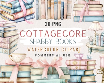 Book Watercolor Clipart, Cottagecore Clipart Digital Stickers, Shabby Book, Romantic Era, Soft Girl, Feminine Planner Stickers, PNG bundle