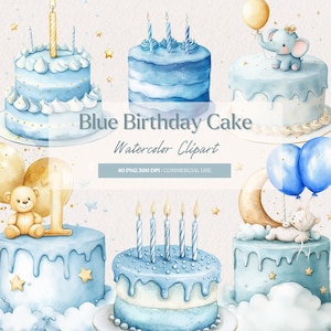 Clipart de gâteau d'anniversaire aquarelle, gâteau bleu, PNG, autocollants numériques, clipart fille baby shower, bébé garçon, art bohème, lot PNG
