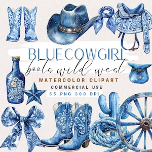 Peut inclure: Ensemble de clipart aquarelle avec des bottes de cow-boy bleues, un chapeau, une selle, un cactus, une roue de chariot, une bouteille, un nœud et un sac. L'ensemble est intitulé "Blue Cowgirl Boots Wild West Watercolor Clipart Commercial Use 55 PNG 300 DPI".