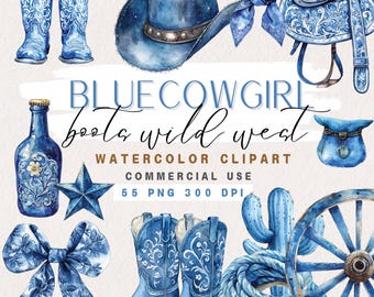 Blue Cowboy Boots Watercolor Clipart, PNG,Digital Stickers,Wild West Clipart,First Rodeo, Country Western Clipart, Invitation Clipart Bundle