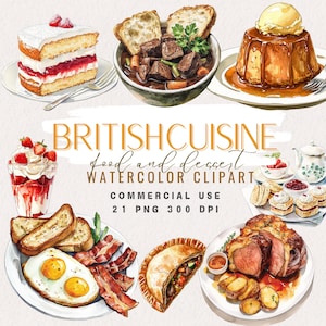 May include: Watercolor illustrations of British cuisine, including a beef stew, a slice of cake, a pudding, a breakfast plate with eggs and bacon, a meat pie, and a roast with potatoes. The illustrations are in a vintage style and are perfect for use in a variety of projects.