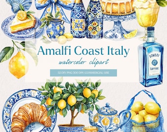 May include: Watercolor clipart set featuring lemons, a lemon tree, a croissant, a teapot, teacups, a bottle of gin, champagne bottles, a lemon cake, a lemon tart, and a blue and white patterned bow. The set is perfect for creating invitations, cards, and other crafts.