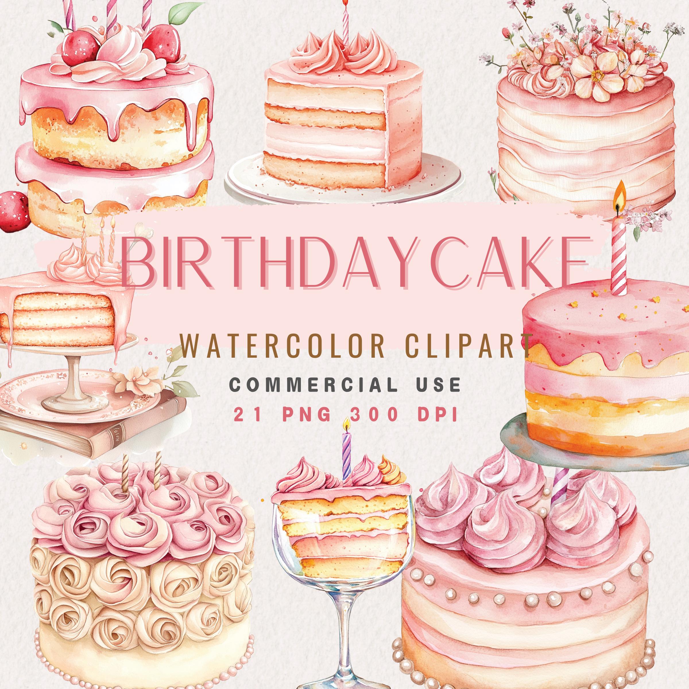 Watercolor Birthday Cake Clipart, Pink Cake, PNG, Digital Stickers, Girl Baby Shower Clipart, Feminine, Pink Boho Art, PNG bundle