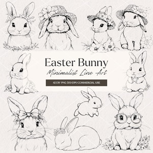 May include: A set of 10 black and white line art illustrations of Easter bunnies. The bunnies are in various poses, including sitting, standing, and hopping. Some bunnies are wearing hats, glasses, or bows. The illustrations are ideal for creating Easter crafts, cards, or decorations.