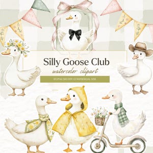 Clipart di oca sciocca ad acquerello, Clipart di anatroccolo, Primavera, Cottagecore vintage stravagante, Adesivi ad acquerello di animali da fattoria, Arte per baby shower