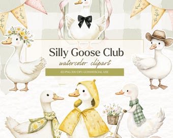 Watercolor Silly Goose Clipart,Baby Duck Clipart, Spring, Whimsical Vintage Cottagecore, Farm Animals Watercolor Stickers,Baby Shower Art