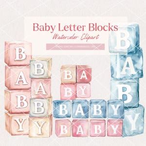 Bloques de letras de bebé en acuarela, clipart / Bloques de bebé apilados DIY / Letras de bebé / Cumpleaños de bebé / Arte para baby shower / Invitación / Arte bohemio