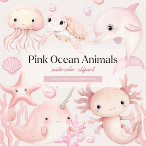 Sommer Aquarell Clipart Ozean Tiere |Unter dem Meer Clipart| Rosa Delfin, Seepferdchen, Axolotl | Digitaler Aufkleber, Kinderzimmer Kunst