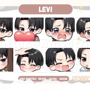 May include: A set of eight cartoon character stickers featuring a character named Levi. The stickers are in various poses and expressions, including smiling, crying, and holding a heart. The stickers are labeled "PU-EMOTES: 112X112 - 56X56 - 28X28" and "YOKOZOARTS".