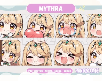 May include: A set of eight digital character emotes featuring a cartoon character with blonde hair, green eyes, and a crown. The character is shown with different facial expressions, including happy, sad, surprised, and blushing. The emotes are labeled "P2U-EMOTES: 122X122 56X56 28X28 40K020ARTS".