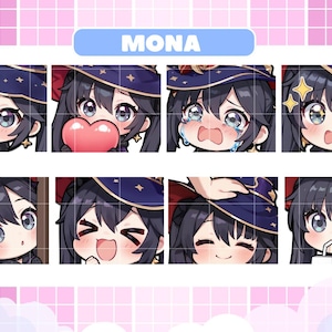 以下が含まれることがあります： Monaというキャラクターの、8つのチビスタイルのデジタルアート絵文字のコレクション。各絵文字は、幸せ、悲しみ、驚きなど、さまざまな表情を表示します。「READY TO USE」というテキストとソーシャルメディアのアイコンも表示されています。