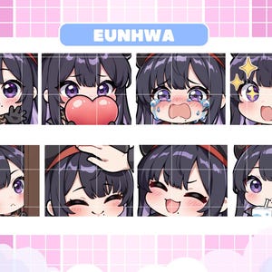 May include: A collection of eight chibi-style digital art emotes featuring a character with dark hair and purple eyes. The emotes display various expressions, including smiling, crying, and holding a heart. The name "EUNHWA" is displayed above the emotes.