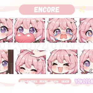 May include: A set of eight pink and purple animated character emoticons with different facial expressions. The emoticons are labeled "Encore" and "Yokozoarts".