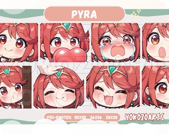 May include: A set of eight Pyra character emotes with different expressions, including happy, sad, surprised, and blushing. The emotes are in a cartoon style and are perfect for use on Twitch, Discord, or other online platforms. The text "PYRA" is at the top of the image, and the text "P2U-EMOTES: 112X112 56X56 28X28 40KOZOARTS" is at the bottom.