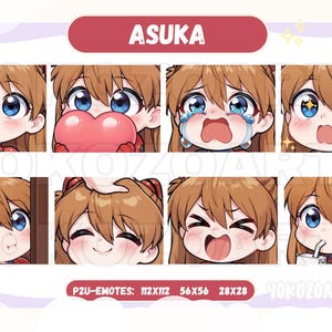 May include: A set of eight animated emoji featuring a cartoon character with different facial expressions. The character has brown hair, brown eyes, and a pink blush. The text "ASUKA" is at the top of the image. The text "P2U-EMOTES: 112X112 56X56 28X28" is at the bottom of the image.