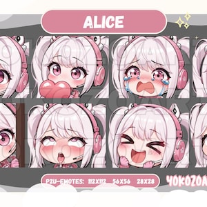 May include: A collection of anime-style emotes featuring a character named Alice with white hair, pink eyes, and pink headphones. Each emote displays a different expression, including smiling, crying, and blushing. The text "ALICE" is at the top.