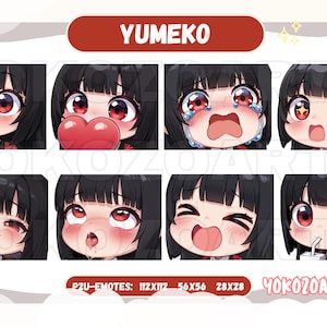 May include: A set of eight digital emoticons featuring a young woman with black hair and different facial expressions. The emoticons are labeled "P2U-EMOTES: 122X122 56X56 28X28 40K020ARTS".
