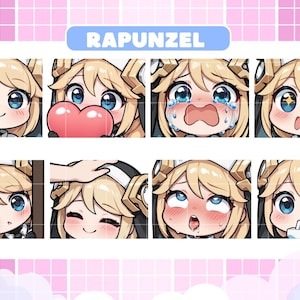 May include: A collection of eight cartoon emotes featuring a character with blonde hair and blue eyes. The emotes display various expressions, including smiling, crying, and holding a heart. The word "Rapunzel" is written above the emotes.
