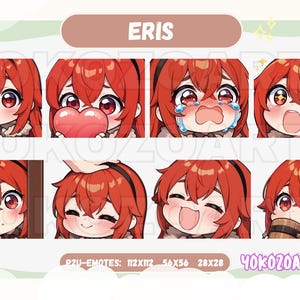 May include: A collection of eight digital emotes featuring a character with red hair and large red eyes. The emotes display various expressions, including smiling, crying, and holding a heart. The word "ERIS" is at the top.