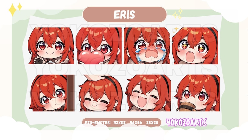 May include: A collection of eight digital emotes featuring a character with red hair and large red eyes. The emotes display various expressions, including smiling, crying, and holding a heart. The word "ERIS" is at the top.