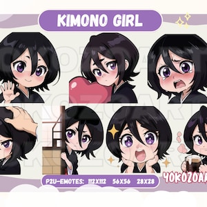Kimono Black Hair Anime Girl, Anime Emotes, Chibi Emotes for Twitch/Discord/Youtube