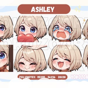 K&ouml;nnte beinhalten: Ein Satz von acht digitalen Illustrationen mit einem Comic-Charakter namens Ashley mit verschiedenen Gesichtsausdr&uuml;cken. Der Charakter hat blonde Haare, braune Augen und tr&auml;gt einen braunen Pullover. Die Illustrationen sind in verschiedenen Gr&ouml;&szlig;en, darunter 112x112, 56x56 und 28x28 Pixel.