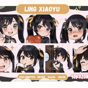 May include: A set of eight digital illustrations featuring a cartoon character with black hair, brown eyes, and yellow hair ribbons. The character is shown in different poses and expressions, including smiling, blushing, and holding a heart. The text "LING XIAOYU" appears at the top of the image, and the text "P2U-EMOTES: 112X112 56X56 28X28 40K020ARTS" appears at the bottom.